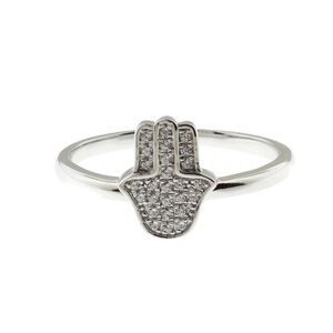 Sterling Silver Hamsa Ring With Clear CZ Stones Set In Pave Setting